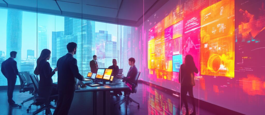 Inicio a diverse team of business professionals work in a futuristic office with large, colorful digital displays.