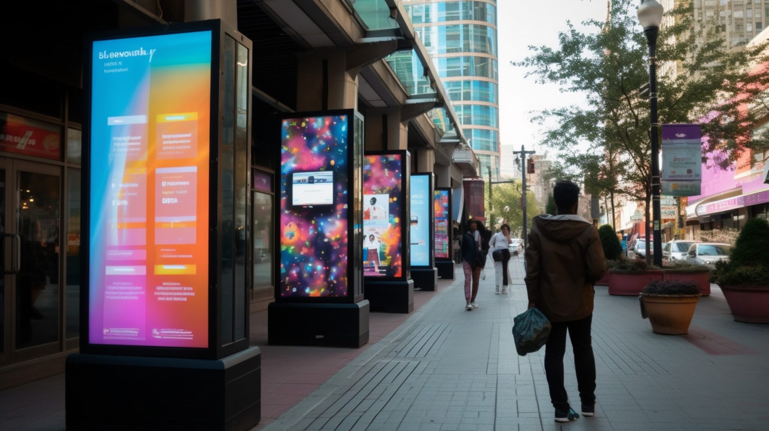 Servicios group people walk down sidewalk with large display information about city